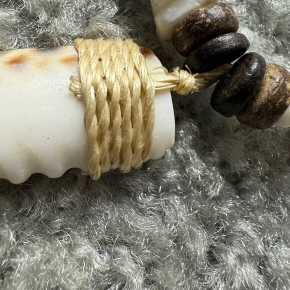 Handmade Beaded Shell Necklace Faux Bone Tooth Pendant & Barrel Clasp - Picture 4 of 16